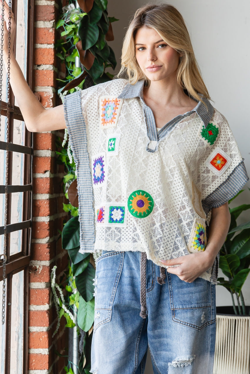 MIX MATCH CROCHET PATCHED LACE COLLAR TOP