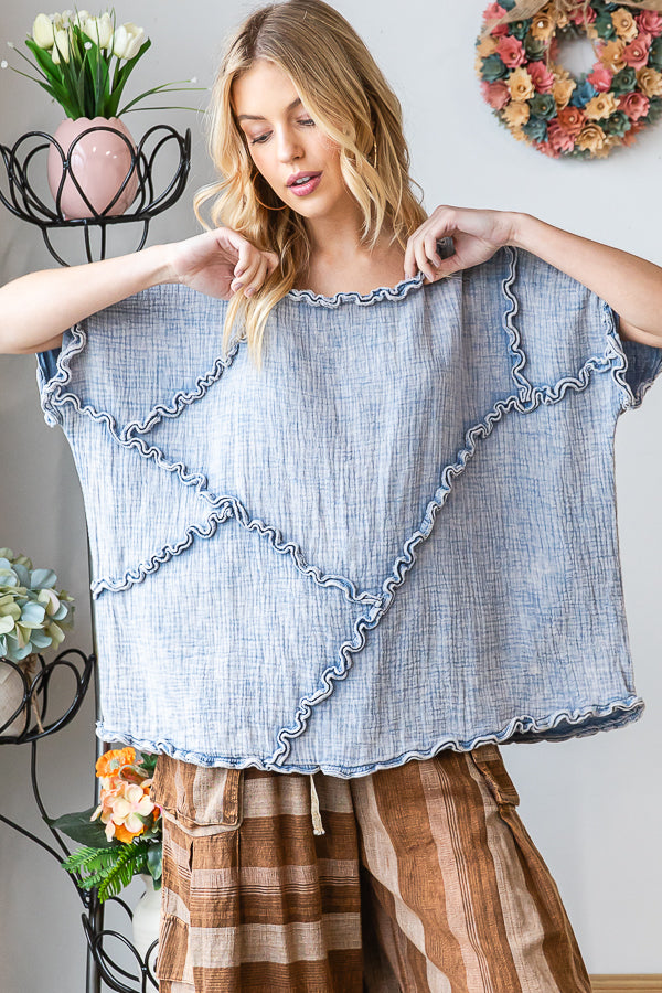 WASHED DOUBLE GUAZE RUFFLED DETAIL OVERSIZED TEE