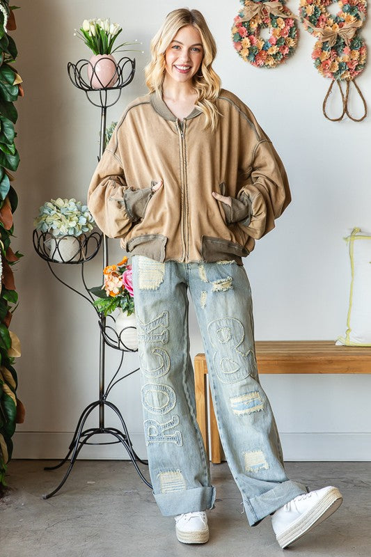 MINERAL WASHED ZIPPER FRONT BOMBER JACKET