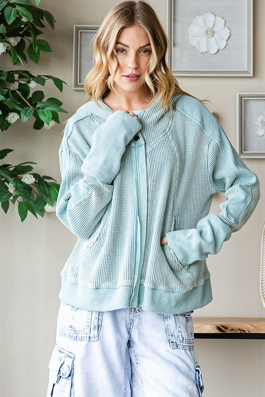 MINERAL WASHED HOODED ZIP FRONT WAFFLE JACKET