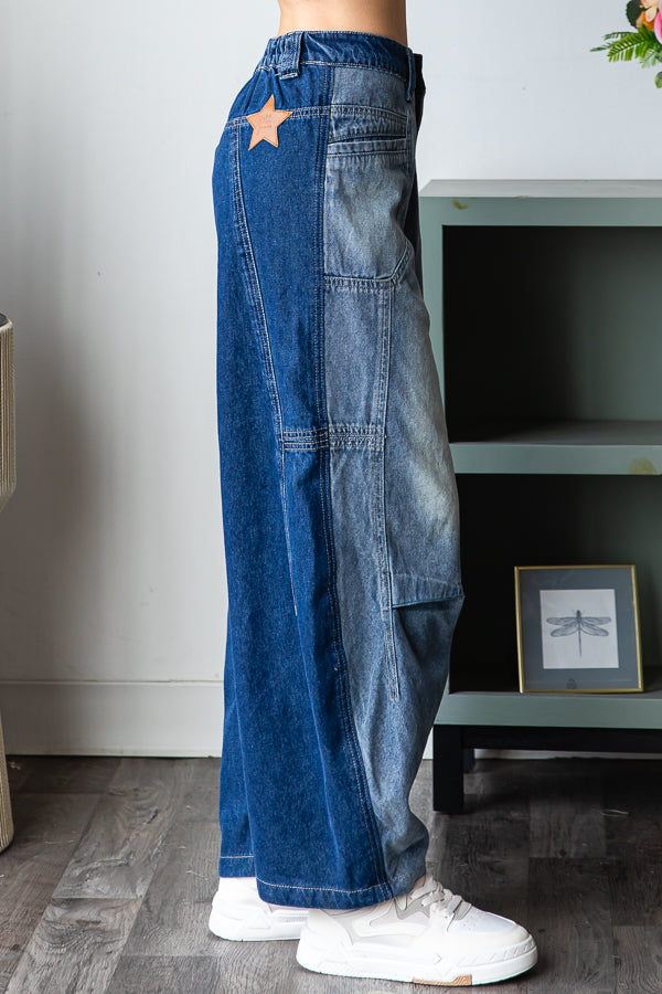 MINERAL WASHED COLORBLOCK CROPPED DENIM JEAN