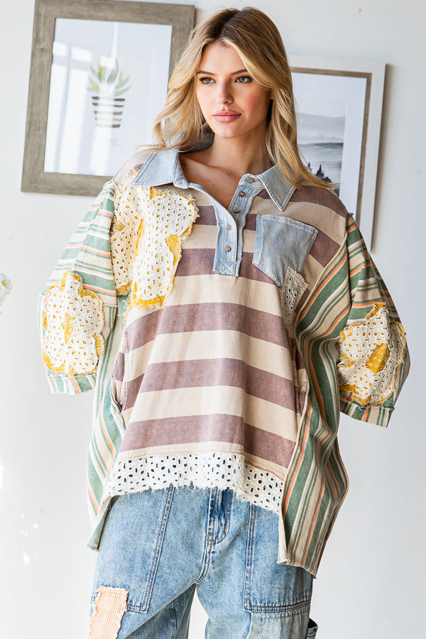 FLOWER PATCHWORK MULTICOLOR STRIPED TOP