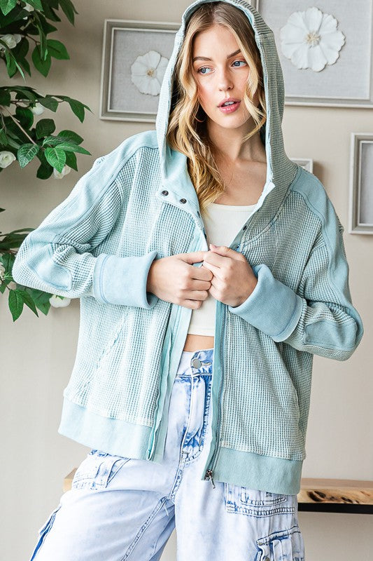 MINERAL WASHED HOODED ZIP FRONT WAFFLE JACKET