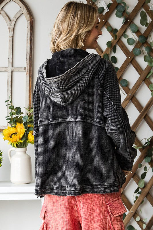 WASHED ZIP FRONT HOODED WAFFLE JACKET