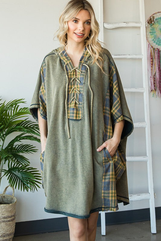 WASHED MIX MEDIA PLAID DETAIL OVERSIZED TUNIC TOP