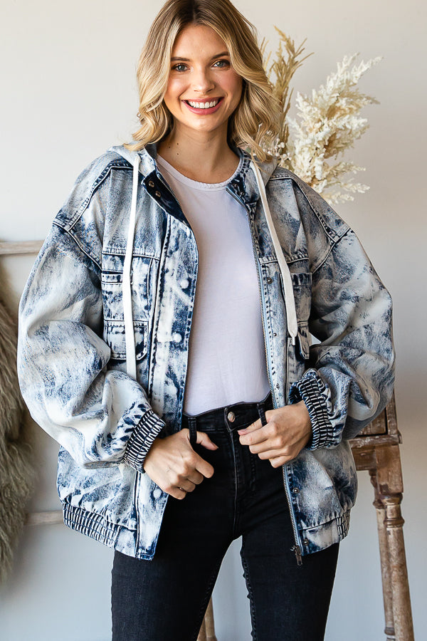 ACID WASHED HOODED DENIM ULITITY JACKET