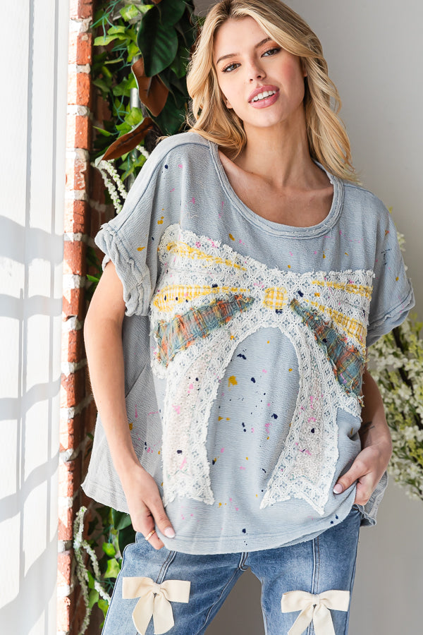 PAINT SPLATTER DETAIL RIBBON PATCHWORK TOP