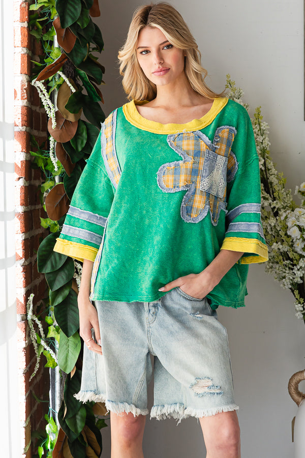 WASHED FLOWER PATCHWORK KNIT TOP