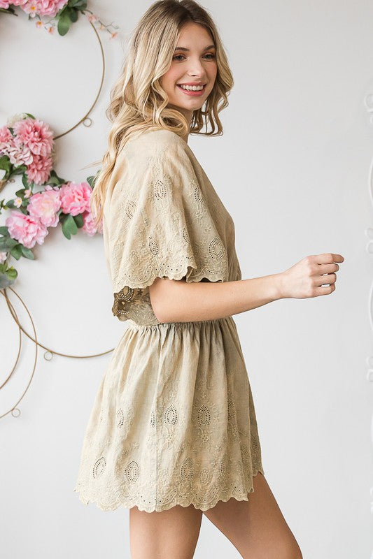 WASHED SURPLICE FRONT EYELET HEM PEPLUM BLOUSE