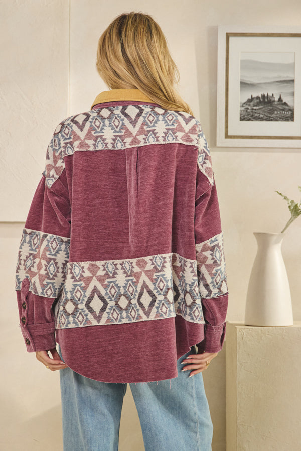WASHED AZTEC PRINTED MIXED BUTTON DOWN SHACKET
