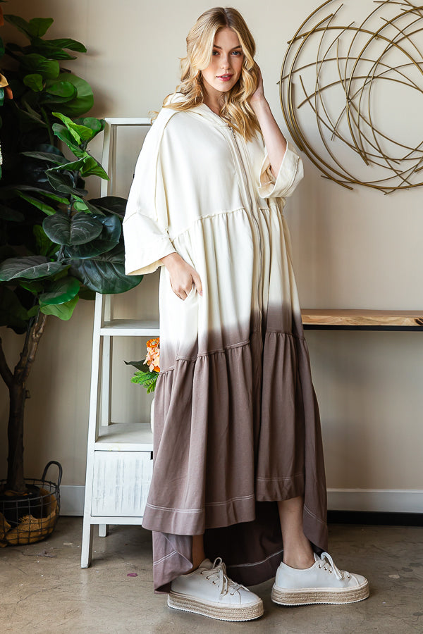 DIP DYE SHORT SLEEVE HOODED ZIP UP LONG CARDIGAN