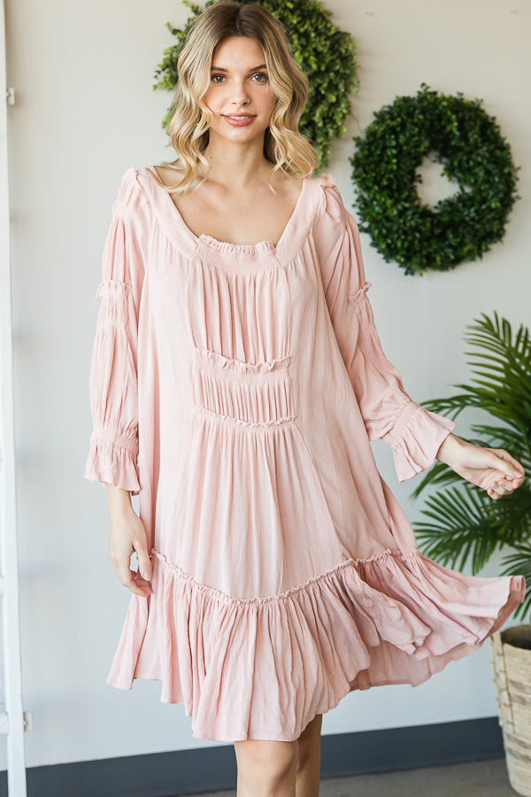 WASHED SCOOP NECK RUFFLE HEM BABYDOLL DRESS