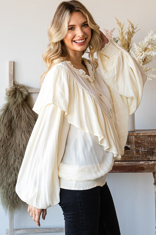 WASHED RUFFLE DETAIL WASHED SMOCKED HEM TOP