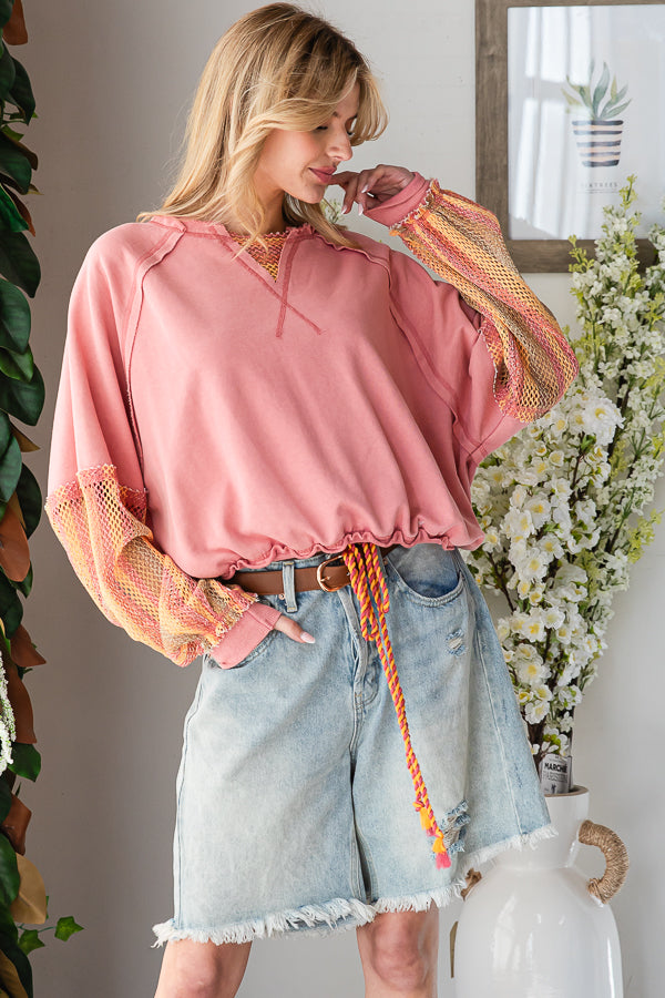 WASHED MESH SLEEVED FRENCH TERRY PULLOVER