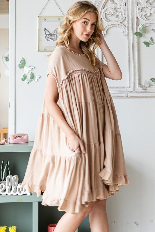 WASHED TIERED RUFFLE HEM BABYDOLL MINI DRESS