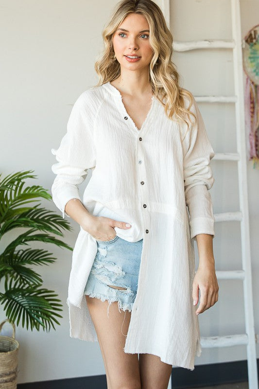 WASHED V NECK BUTTON DOWN FRONT GAUZE SHIRT