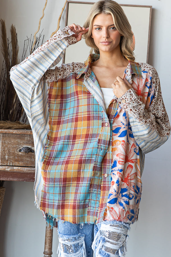 WASHED PRINT MIXED BUTTON DOWN SHIRT