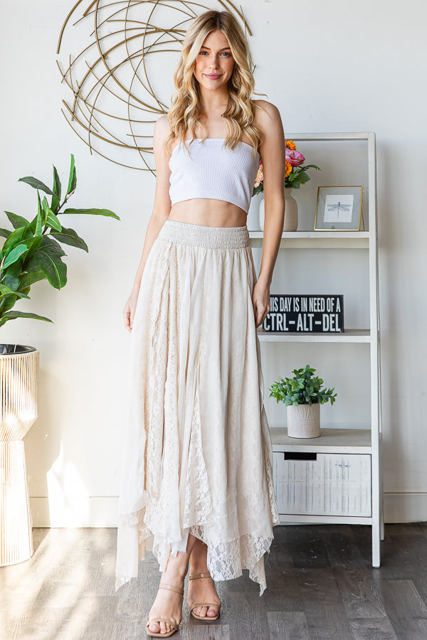 CHIFFON LACE MIXED OVERLAY A-LINE MIDI SKIRT