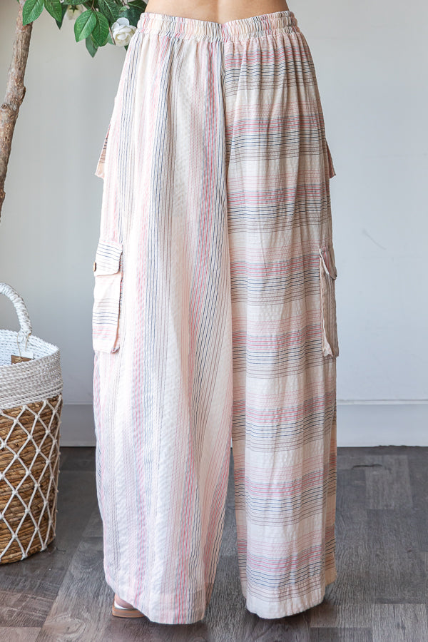 WASHED 3D POCKET NARROW STRIPE WIDE LEG PANTS