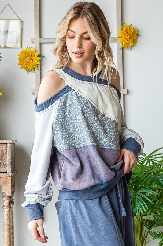 WASHED MIX MEDIA CUTOUT SHOULDER PULLOVER TOP