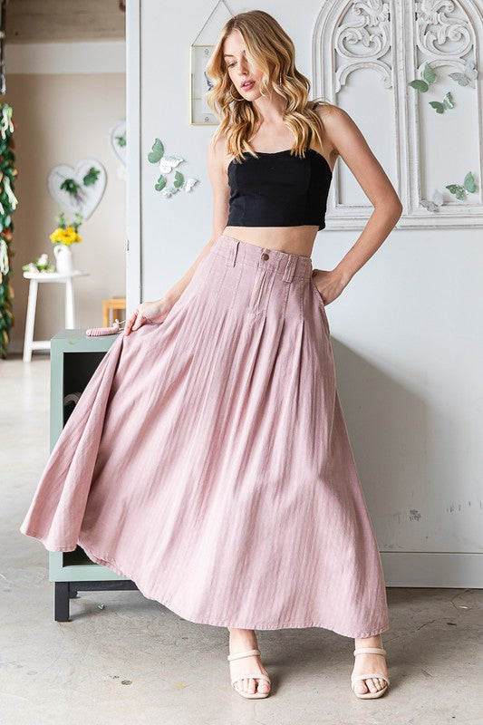 WASHED PLEATED DETAIL FLARE HEM MAXI SKIRT