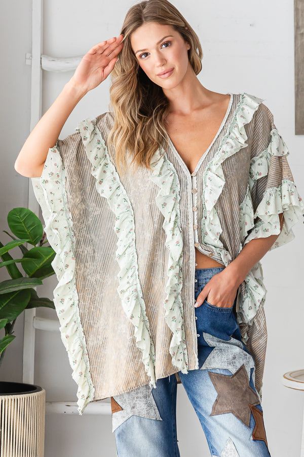 WASHED V NECK RUFFLE DETAIL MIX MEDIA BUTTON TOP