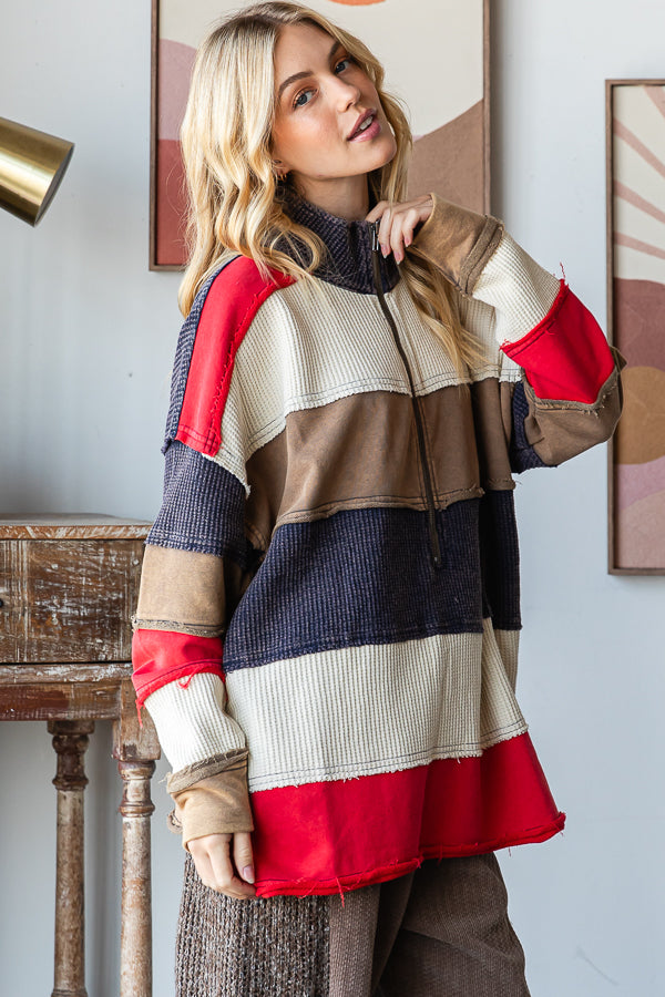 WASHED COLORBLOCK HALF ZIP PULLOVER TOP