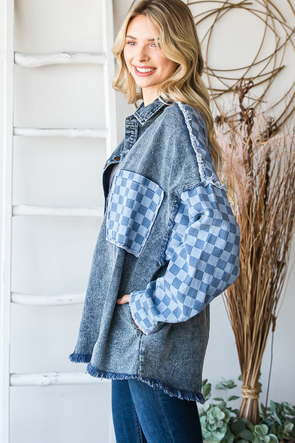 MINERAL WASHED CHECKERED SLEEVE DENIM SHACKET