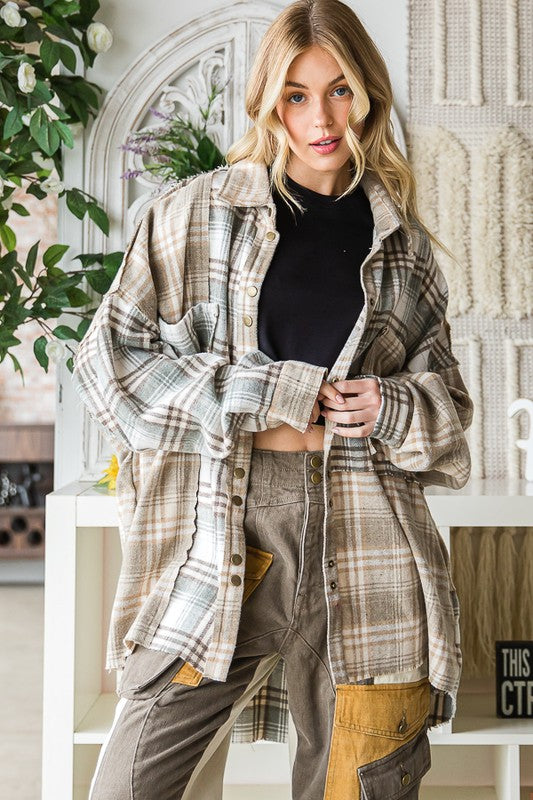 WASHED MIXED PLAID RAW HEM LONG SLEEVE SHIRT