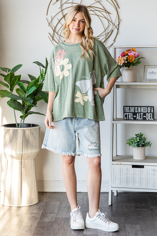 WASHED FLOWER BUTTERFLY PATCHWORK SHORT SLEEVE TOP