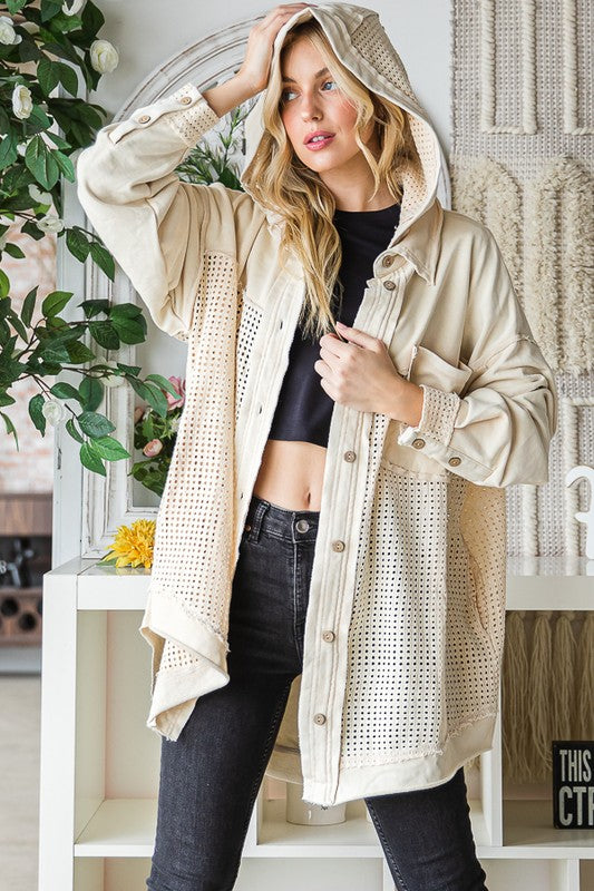 WASHED MIX MEDIA BUTTON DOWN HOODED SHACKET