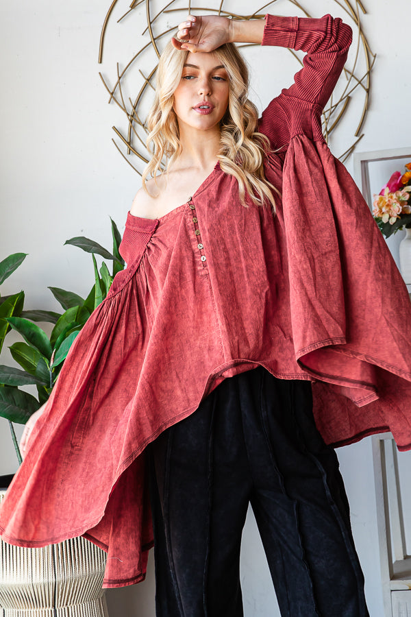 WASHED PLEATED DETAIL LONG SLEEVE FLARE TUNIC TOP