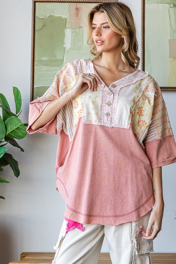 WASHED PRINTED HALF PLACKET HENLEY NECK SHIRT