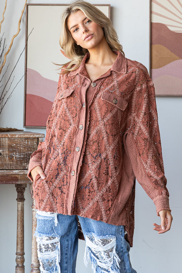 MINERAL WASHED BUTTON DOWN LACE TOP