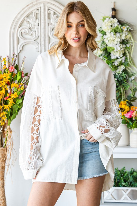 MINERAL WASHED EMBROIDERY ORGANZA SLEEVE SHIRTS