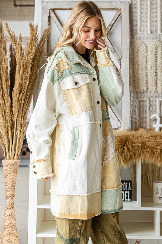 WASHED STAR PATCHWORK MIXED PLAID HOODED SHACKET