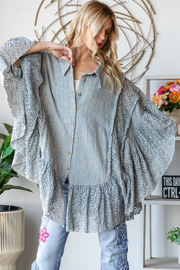 WASHED LACE RUFFLE HEM BUTTON FRONT SHIRT