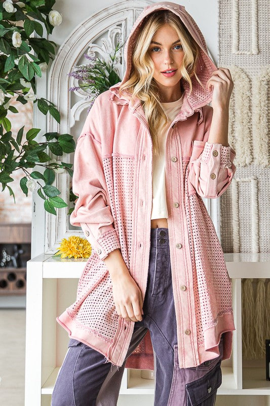 WASHED MIX MEDIA BUTTON DOWN HOODED SHACKET
