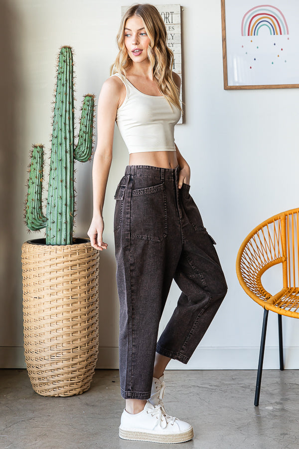 WASHED POCKETS HIGH WAIST CARGO PANTS