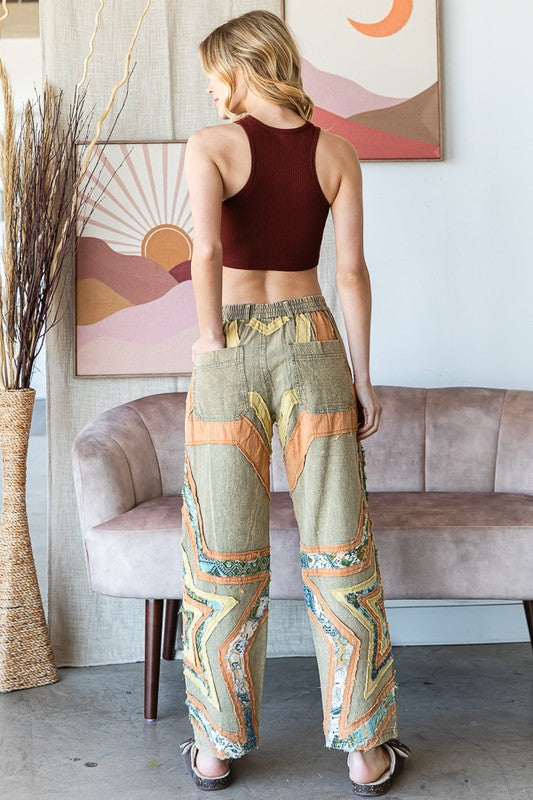 WASHED STAR PATCHWORK MIX MEDIA PANTS