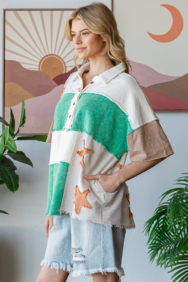 WASHED STAR PATCHWORK HALF COLLARED SHIRT