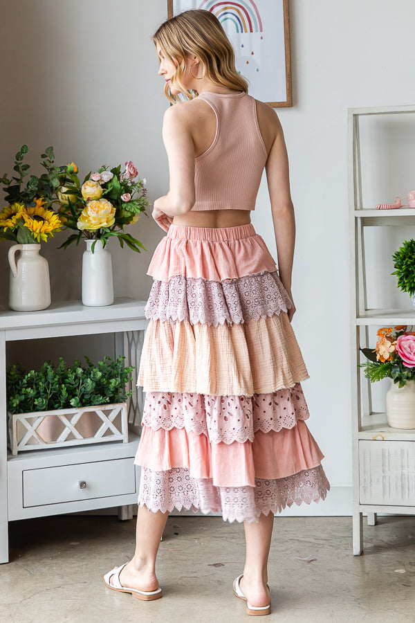 WASHED MIX MEDIA TIERED WIDE LEG CROPPED PANTS