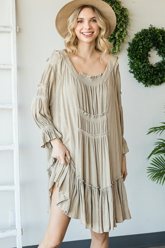 WASHED SCOOP NECK RUFFLE HEM BABYDOLL DRESS