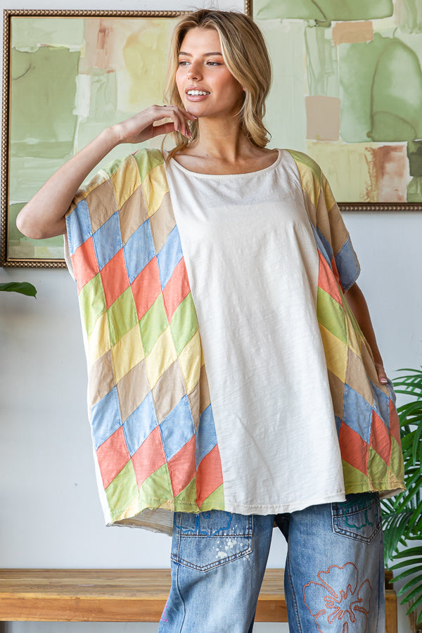 WASHED MULTICOLOR GEO PATCHWORK OVERSIZED TOP