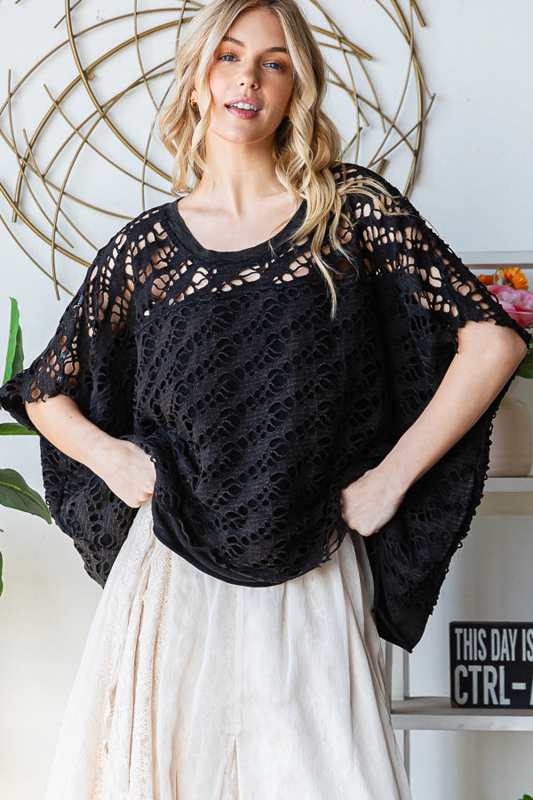 WASHED CROCHET LAYERED KNIT TOP