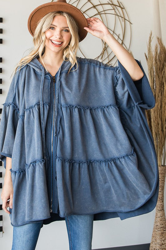 WASHED ZIP CLOSURE HOODED TIERED PULLOVER PONCHO