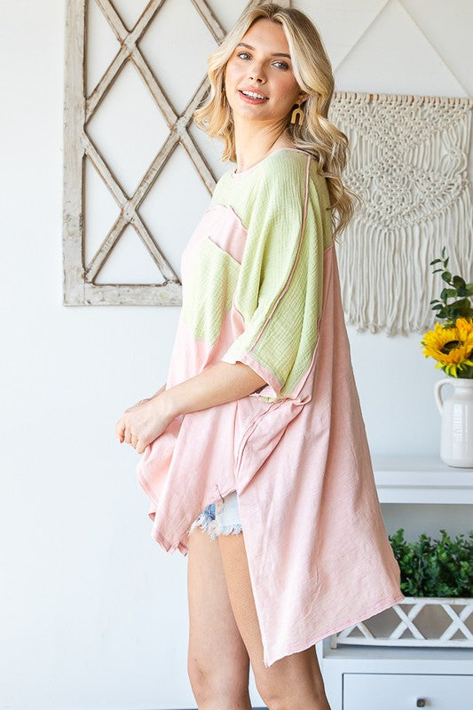 WASHED COLORBLOCK FRONT POCKET OVERSIZED BOX TEE