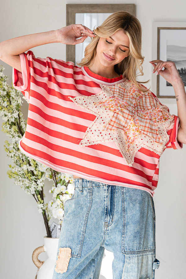 STAR PATCHWORK STRIPED SHORT SLEEVE TOP