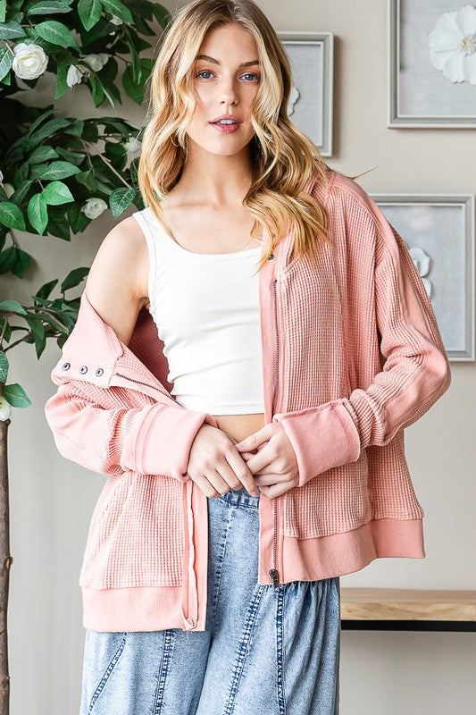 MINERAL WASHED HOODED ZIP FRONT WAFFLE JACKET