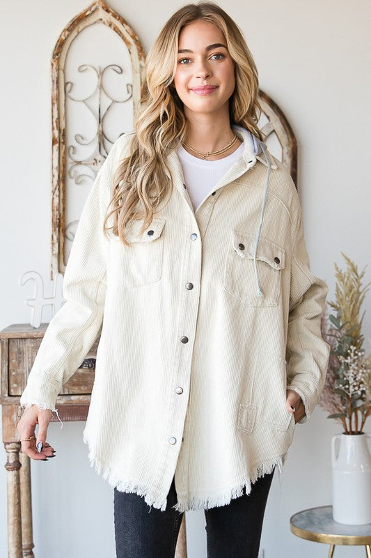 WASHED BUTTON DOWN HOODED CORDUROY JACKET